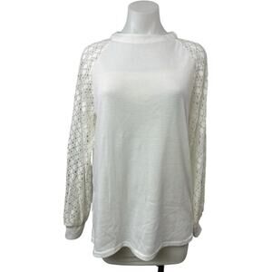 Miholl Women's White Lace Crew Neck Long Sleeve Waffle Knit Sweater Top Size M